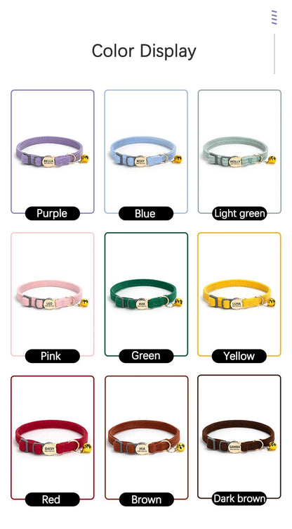 Adjustable Custom Engraved Cat Collar with Bell Anti-lost Durable Comfortable Soft Corduroy Kitten ID Collar Pet Safety Necklace