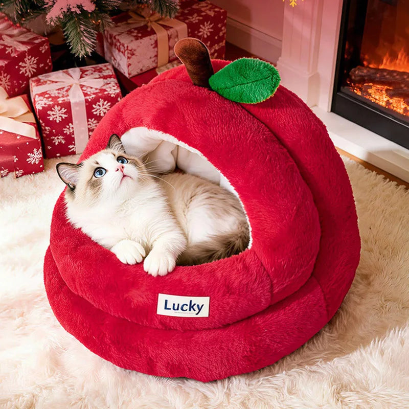 Semi-Enclosed Luxury Red Apple Cat House Large-size Detachable Cushion Warm Sleeping Kitten Cave Bed Christmas Pet Supplies
