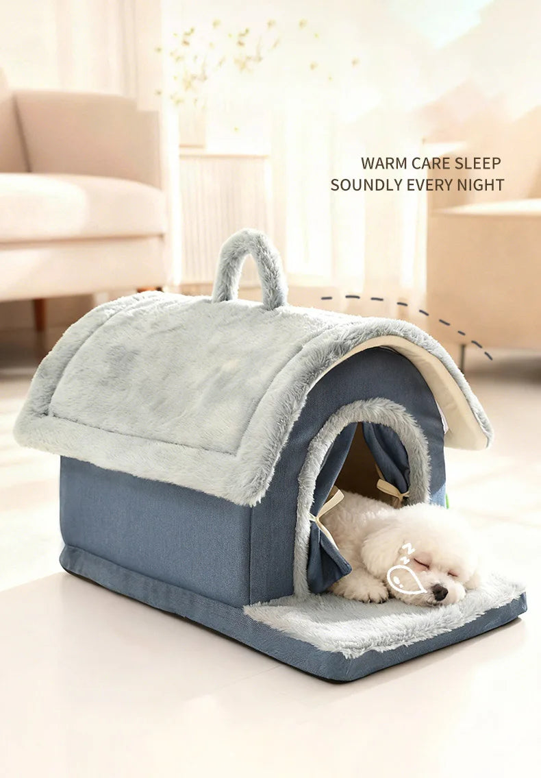 Luxurious Removable Dog House with Handle Enclosed Soft Plush Anti-Slip Pet Shelter Warm Calming Indoor Bed for Puppy Puppies
