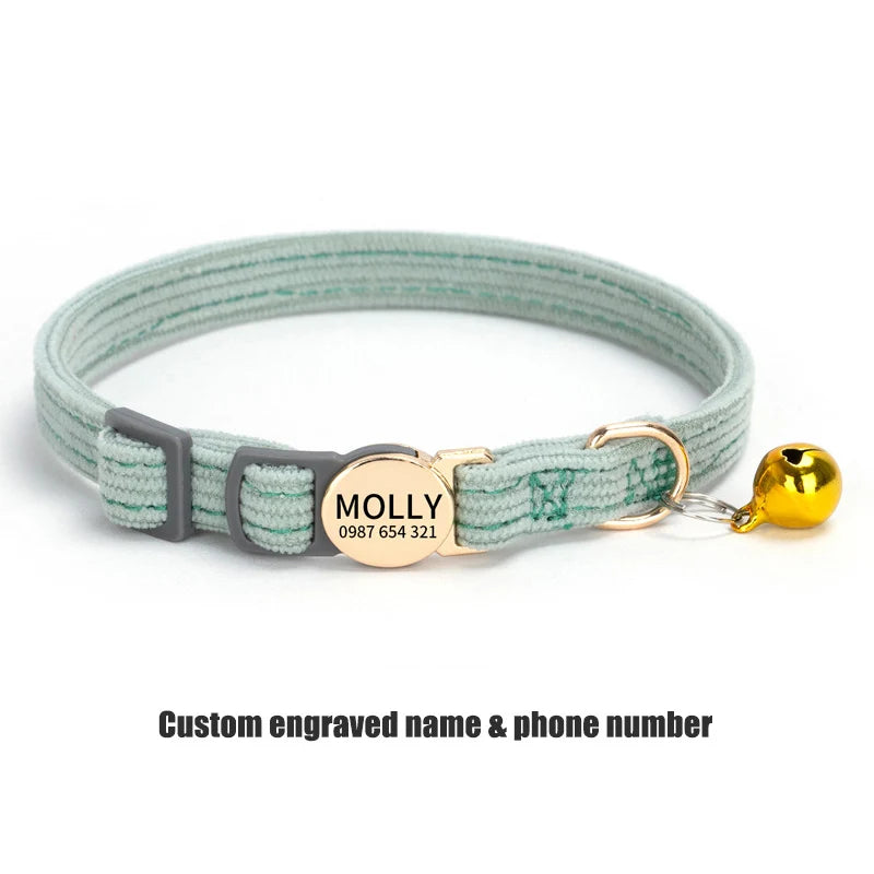 Adjustable Custom Engraved Cat Collar with Bell Anti-lost Durable Comfortable Soft Corduroy Kitten ID Collar Pet Safety Necklace