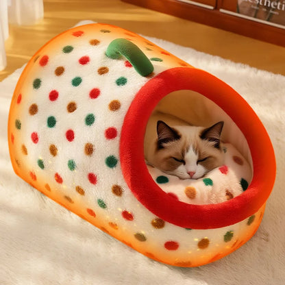 Christmas Portable Luxury Pet Bed Handheld Semi-Closed Dot Design Warm Plush Cat House with Removable Pad Accesorios Para Gatos