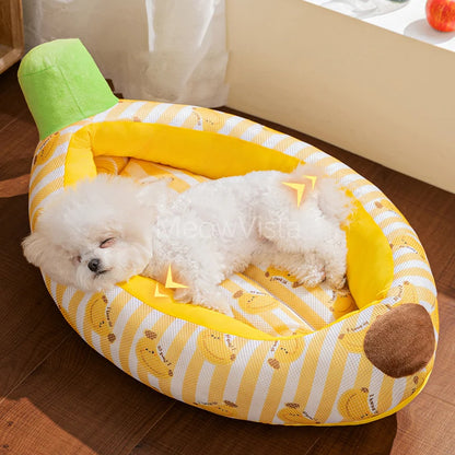 Banana Ice Silk Cooling Cat Bed with Dual-Sided Mat Non-Slip Comfortable Breathable Pet Sofa for Small Dogs Summer Pet Cushion