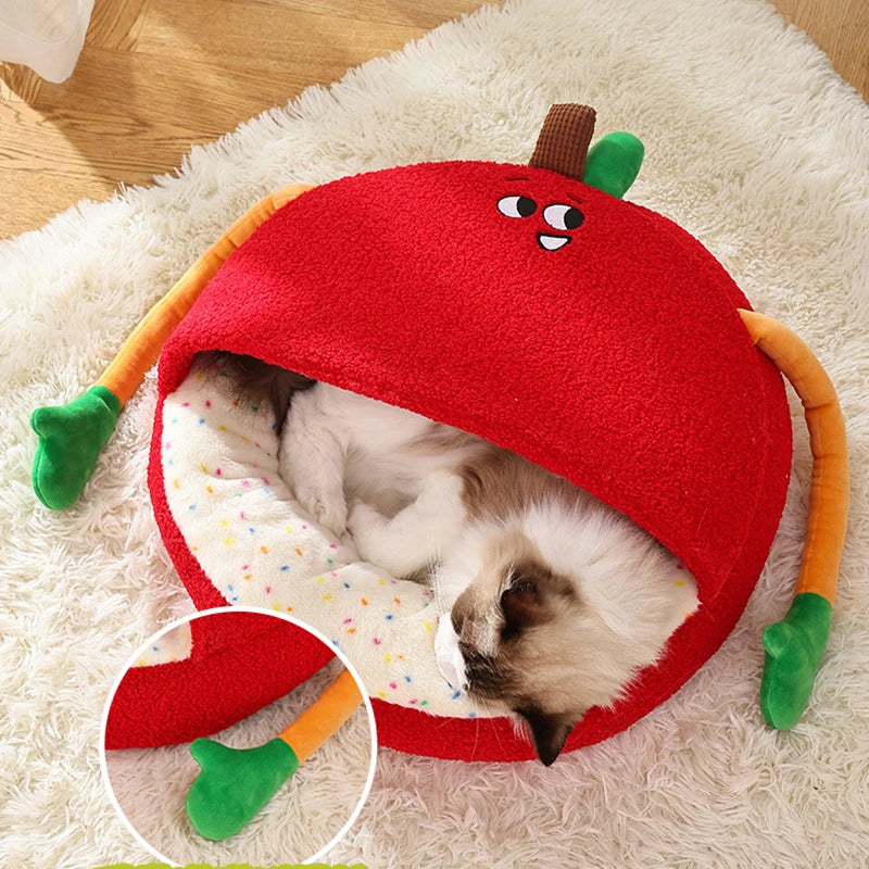 Luxurious Semi-enclosed Plush Cat House Bed Non-slip Soft Comfortable Winter Warm Pet Beds Christmas New Year Pet Accessories