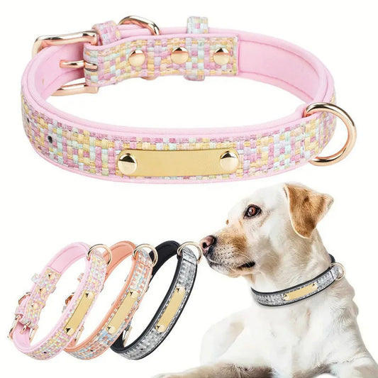 Personalized Luxury Plaid Tweed Dog Collar Custom Engraved Name Number Soft Padded Adjustable Collar for Small Medium Large Dogs