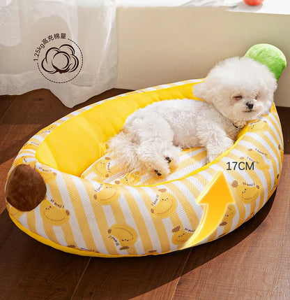 Banana Ice Silk Cooling Cat Bed with Dual-Sided Mat Non-Slip Comfortable Breathable Pet Sofa for Small Dogs Summer Pet Cushion
