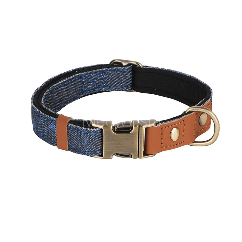 Personalized Denim Dog Collar with Engraved Quick Release Metal Buckle Adjustable Soft Padded anti-lost Pet Collar for Dogs