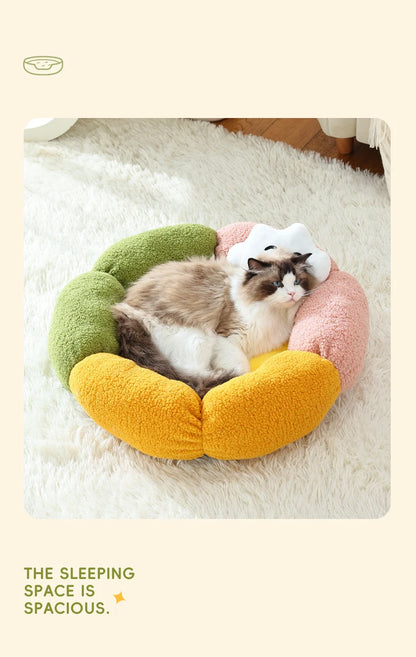 Cute Luxury Flower Cat Bed with Cloud-Shaped Pillow Winter Breathable Warm Ultra Soft Plush House Puppy Beds Cat Houses Indoor
