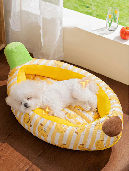 Banana Ice Silk Cooling Cat Bed with Dual-Sided Mat Non-Slip Comfortable Breathable Pet Sofa for Small Dogs Summer Pet Cushion