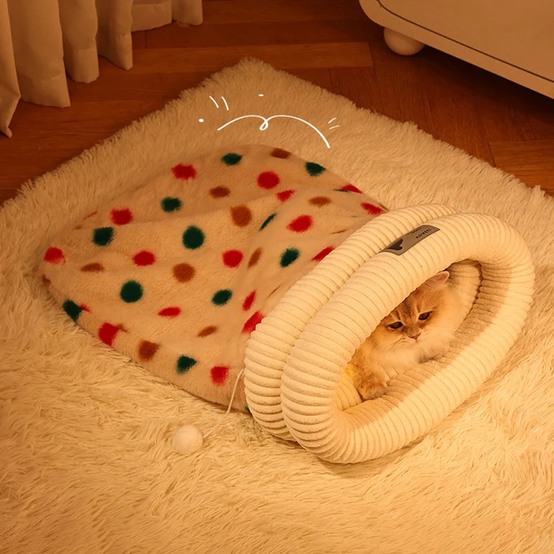 Fashion Dot Design Pet Sleeping Bag Luxury Double Sided Rabbit Fur Indoor Enclosed Warm Cat Bed Christmas New Year Pet Products