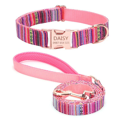 Bohemian Striped Dog Collar Custom Engraved with Rose Gold Buckle Personalized Nylon Collar for Small Large Dogs Daily Walking