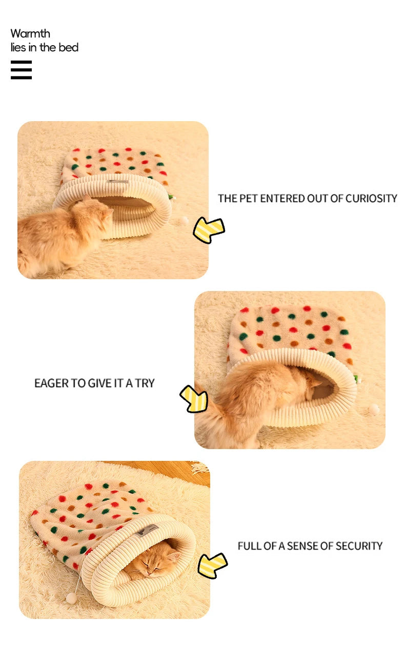 Fashion Dot Design Pet Sleeping Bag Luxury Double Sided Rabbit Fur Indoor Enclosed Warm Cat Bed Christmas New Year Pet Products
