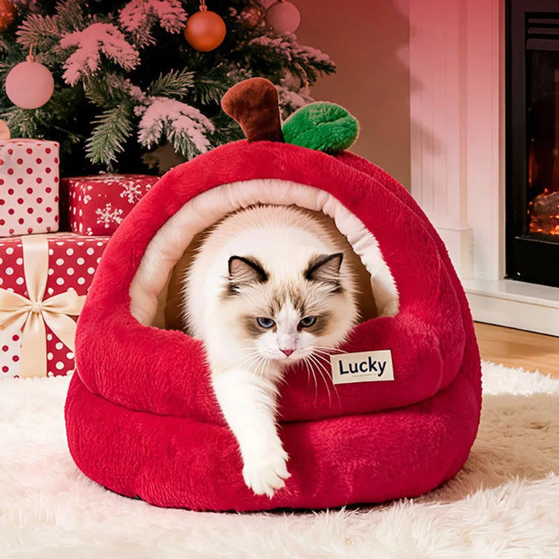 Semi-Enclosed Luxury Red Apple Cat House Large-size Detachable Cushion Warm Sleeping Kitten Cave Bed Christmas Pet Supplies
