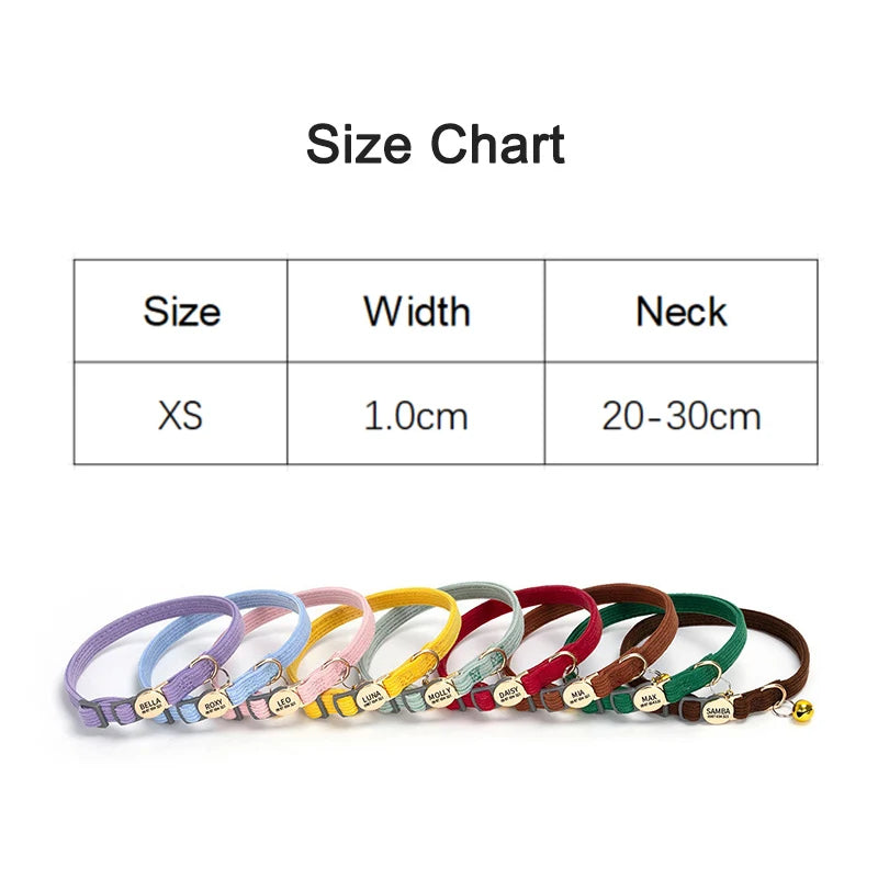 Adjustable Custom Engraved Cat Collar with Bell Anti-lost Durable Comfortable Soft Corduroy Kitten ID Collar Pet Safety Necklace