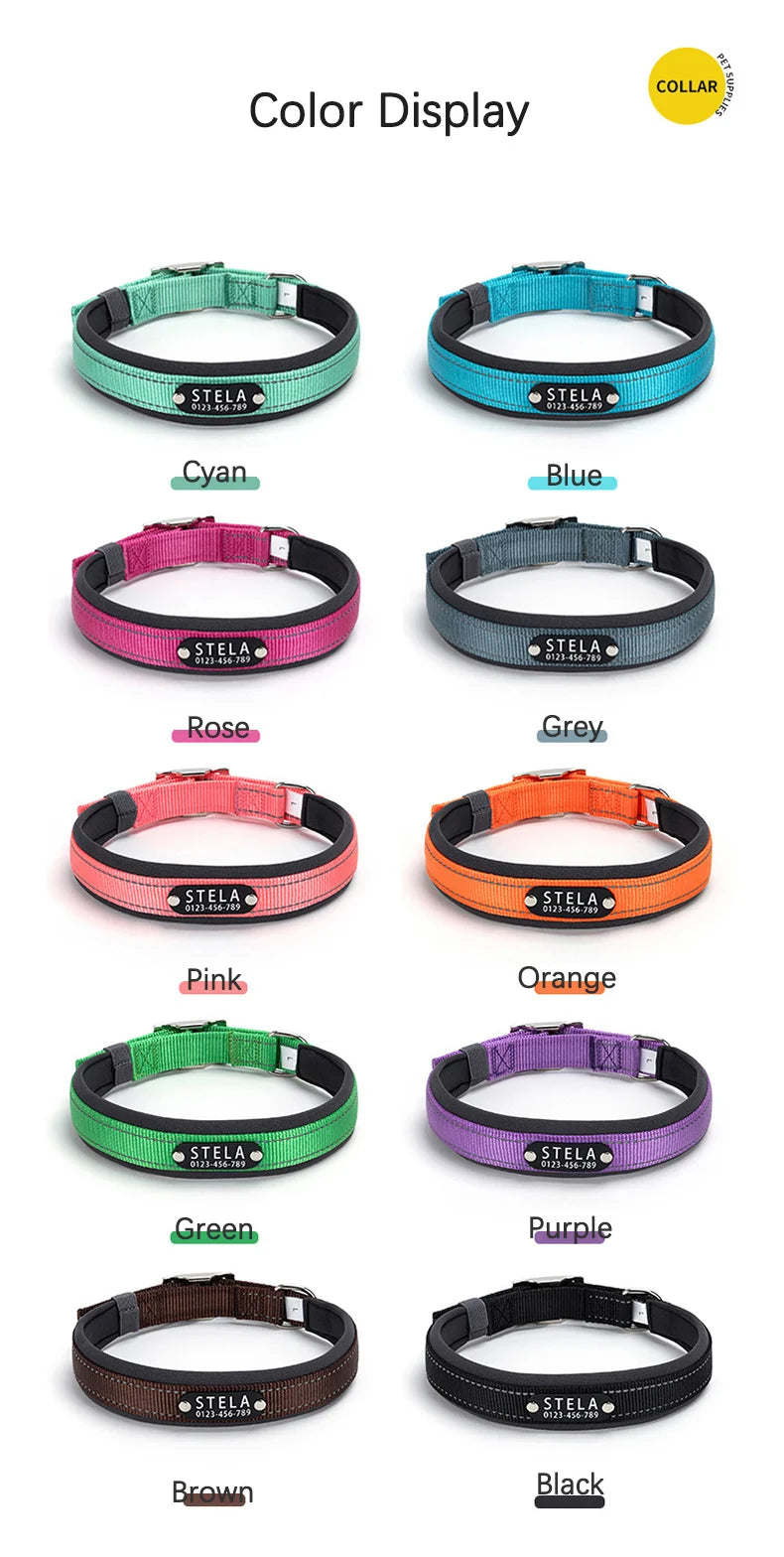 Personalized Reflective Dog Collar with Detachable Name Tag Soft Neoprene Padded Adjustable Nylon Collar for Dogs Pet Pitbulls