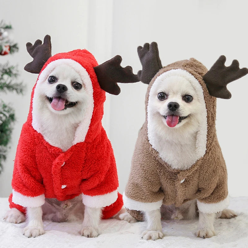 Christmas New Year Snap Design Dog Jumpsuits Winter Soft Warm Fleece Fashion Elk Santa Solid Pet Overalls Luxury Pet Costumes