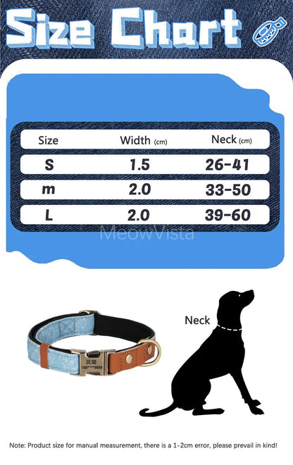 Personalized Denim Dog Collar with Engraved Quick Release Metal Buckle Adjustable Soft Padded anti-lost Pet Collar for Dogs