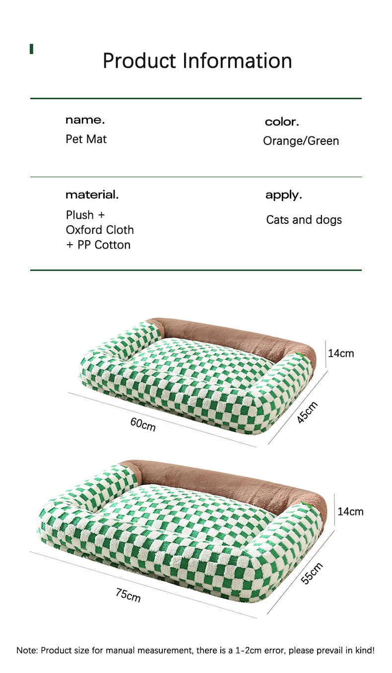 Fashion Plaid Large Square Pet Bed Removable Winter Warmth Comfortable Indoor Deep Sleeping Puppy Cat Mat Mata Wechowa Dla Psow