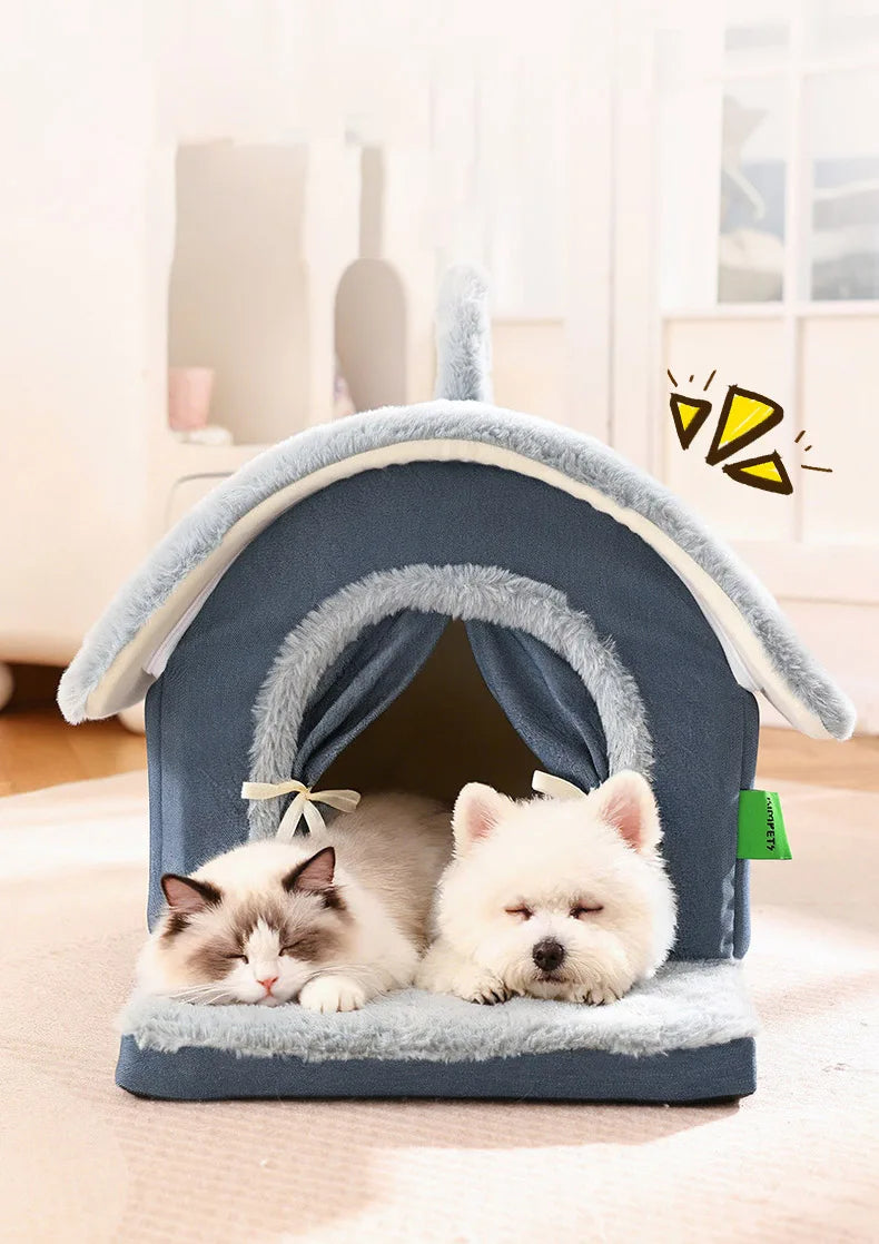 Luxurious Removable Dog House with Handle Enclosed Soft Plush Anti-Slip Pet Shelter Warm Calming Indoor Bed for Puppy Puppies