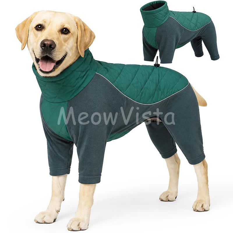 Winter Full Coverage Warm Dog Jumpsuit Reflective High Collar Quilted Padded Color‑Blocked Outdoor Outfit for Medium Large Dogs