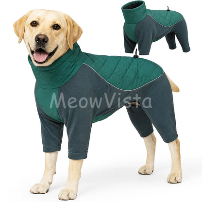 Winter Full Coverage Warm Dog Jumpsuit Reflective High Collar Quilted Padded Color‑Blocked Outdoor Outfit for Medium Large Dogs