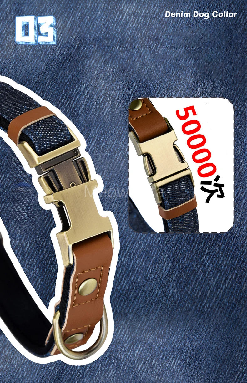 Personalized Denim Dog Collar with Engraved Quick Release Metal Buckle Adjustable Soft Padded anti-lost Pet Collar for Dogs