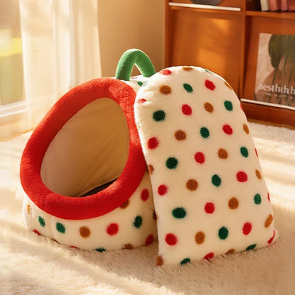 Christmas Portable Luxury Pet Bed Handheld Semi-Closed Dot Design Warm Plush Cat House with Removable Pad Accesorios Para Gatos