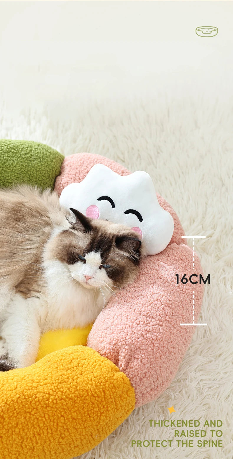 Cute Luxury Flower Cat Bed with Cloud-Shaped Pillow Winter Breathable Warm Ultra Soft Plush House Puppy Beds Cat Houses Indoor