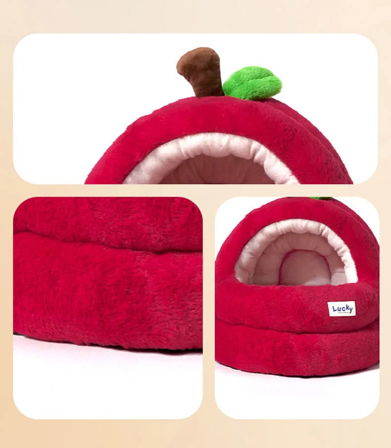 Semi-Enclosed Luxury Red Apple Cat House Large-size Detachable Cushion Warm Sleeping Kitten Cave Bed Christmas Pet Supplies