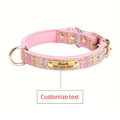 Personalized Luxury Plaid Tweed Dog Collar Custom Engraved Name Number Soft Padded Adjustable Collar for Small Medium Large Dogs