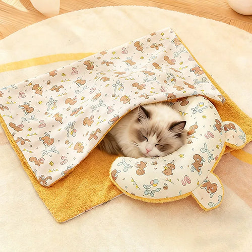 Soft Fluffy Pet Blanket with Pillow Double-sided Design Cute Printed Winter Soft Warm Sleeping Cat Bed Puppy Kitten Supplies