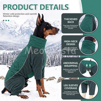 Winter Full Coverage Warm Dog Jumpsuit Reflective High Collar Quilted Padded Color‑Blocked Outdoor Outfit for Medium Large Dogs