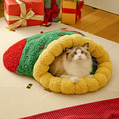 Christmas Sock Cat Sleeping Bag Thickened Semi Closed Winter Plush Warm Round Dog Beds with Detachable Pad Pet Indoor Furniture