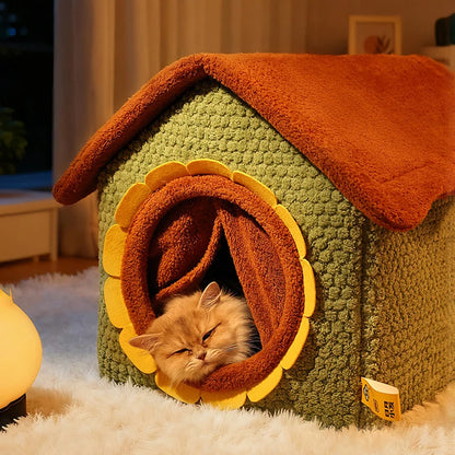 Thickened Enclosed Pet House Cute Sunflower Shape Removable Washable Winter Warm Deep Sleep Cave Sofa for Cats Cama Para Perro