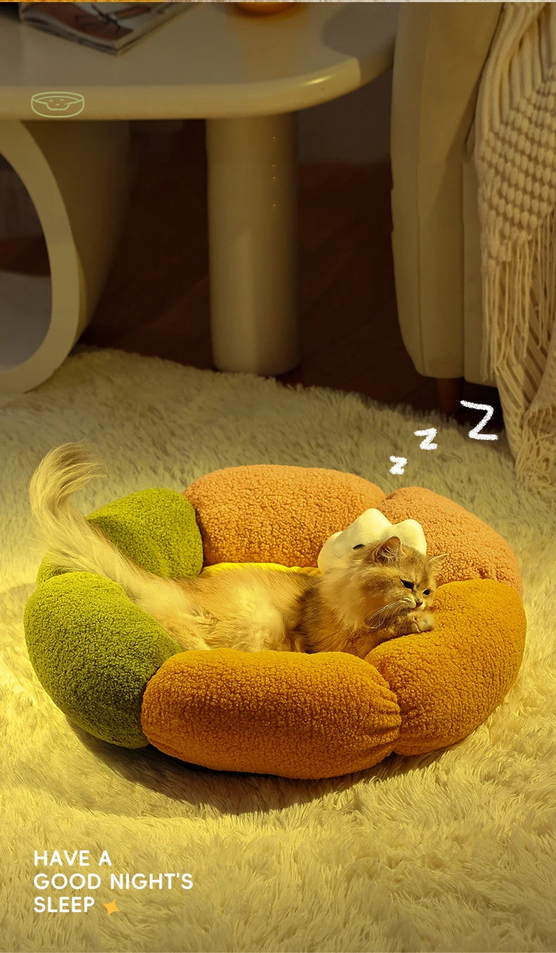 Cute Luxury Flower Cat Bed with Cloud-Shaped Pillow Winter Breathable Warm Ultra Soft Plush House Puppy Beds Cat Houses Indoor