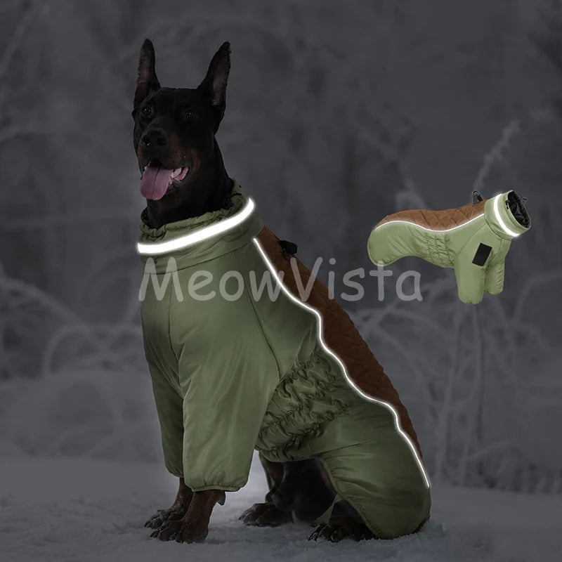 Color‑blocked Four‑Legged Large Dog Winter Coat Comfortable Windproof Reflective Dog Jumpsuit with D‑Ring for Doberman Labrador