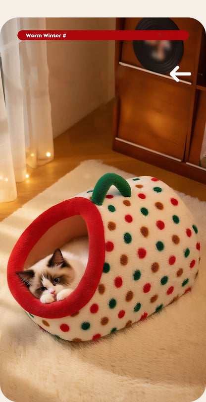 Christmas Portable Luxury Pet Bed Handheld Semi-Closed Dot Design Warm Plush Cat House with Removable Pad Accesorios Para Gatos