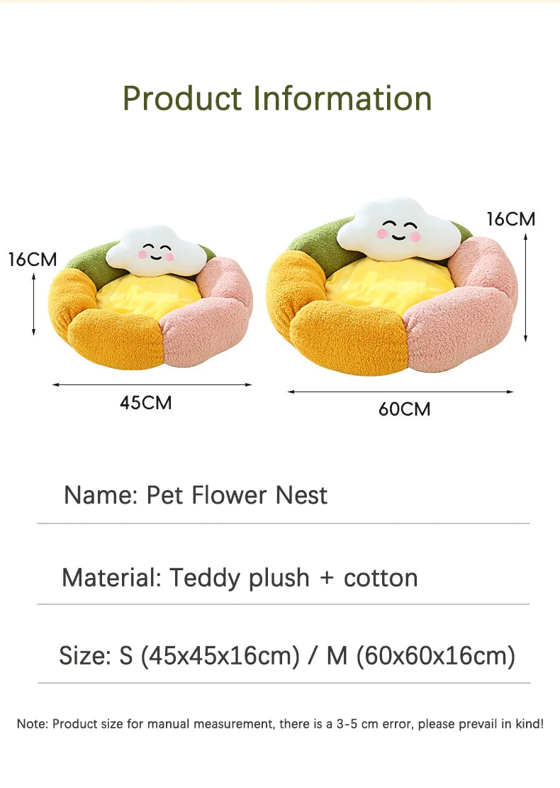 Cute Luxury Flower Cat Bed with Cloud-Shaped Pillow Winter Breathable Warm Ultra Soft Plush House Puppy Beds Cat Houses Indoor