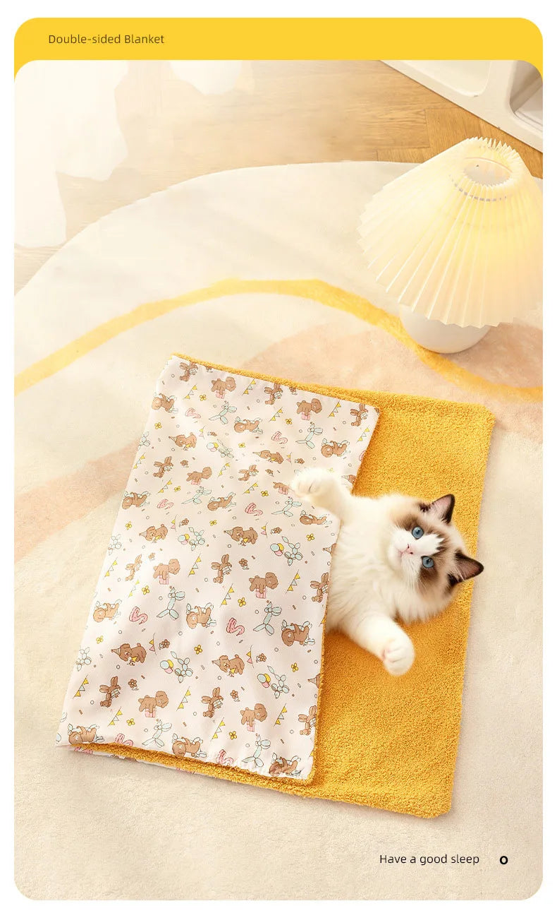 Soft Fluffy Pet Blanket with Pillow Double-sided Design Cute Printed Winter Soft Warm Sleeping Cat Bed Puppy Kitten Supplies