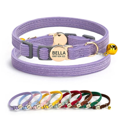 Adjustable Custom Engraved Cat Collar with Bell Anti-lost Durable Comfortable Soft Corduroy Kitten ID Collar Pet Safety Necklace