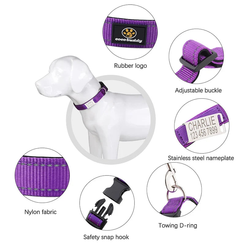 Personalized Dog Collar with Engraved Nameplate Adjustable Reflective Nylon Custom Pet Collar for Dogs  Anti-lost Pet ID Tag