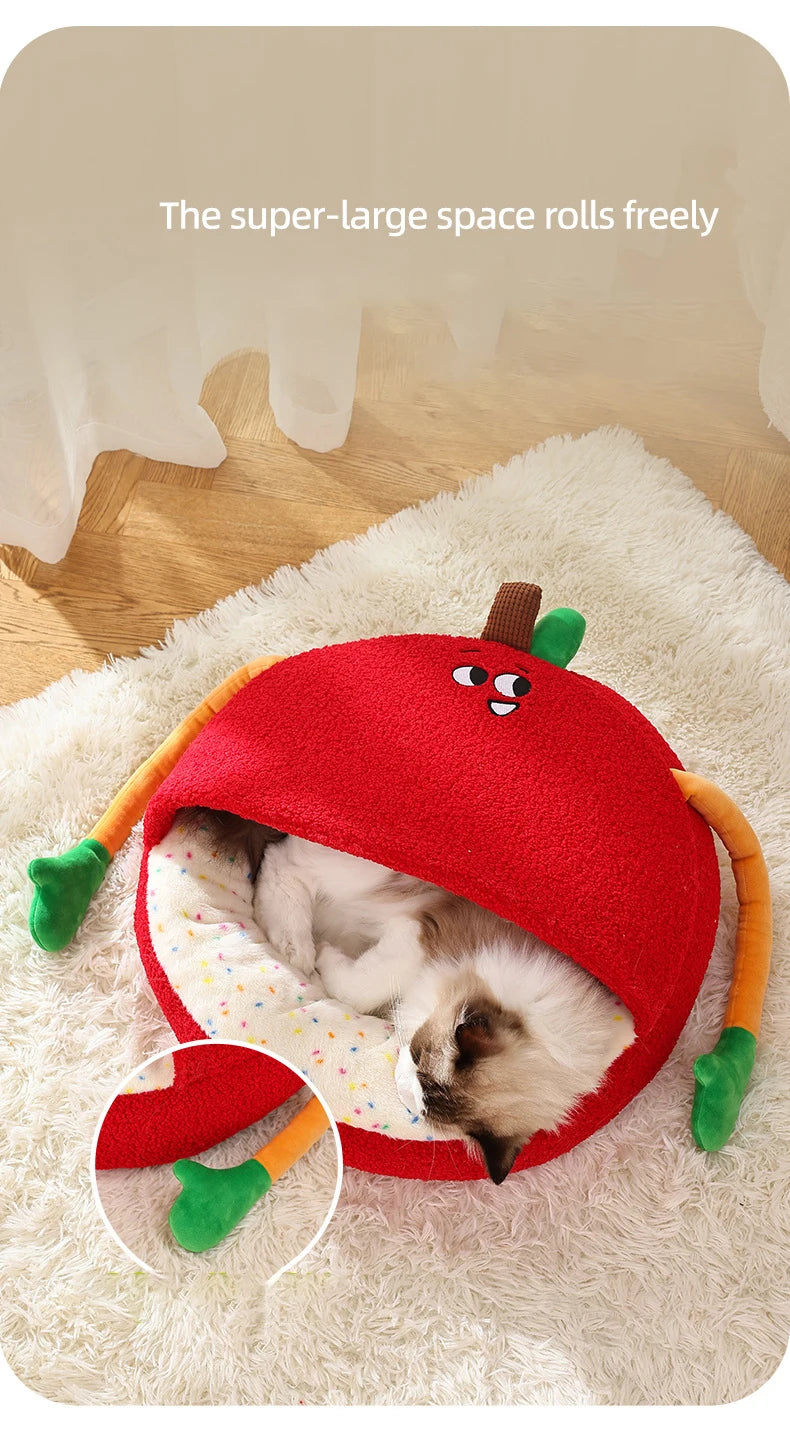 Luxurious Semi-enclosed Plush Cat House Bed Non-slip Soft Comfortable Winter Warm Pet Beds Christmas New Year Pet Accessories