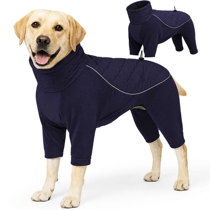 Winter Full Coverage Warm Dog Jumpsuit Reflective High Collar Quilted Padded Color‑Blocked Outdoor Outfit for Medium Large Dogs