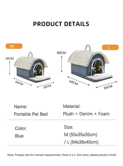 Luxurious Removable Dog House with Handle Enclosed Soft Plush Anti-Slip Pet Shelter Warm Calming Indoor Bed for Puppy Puppies