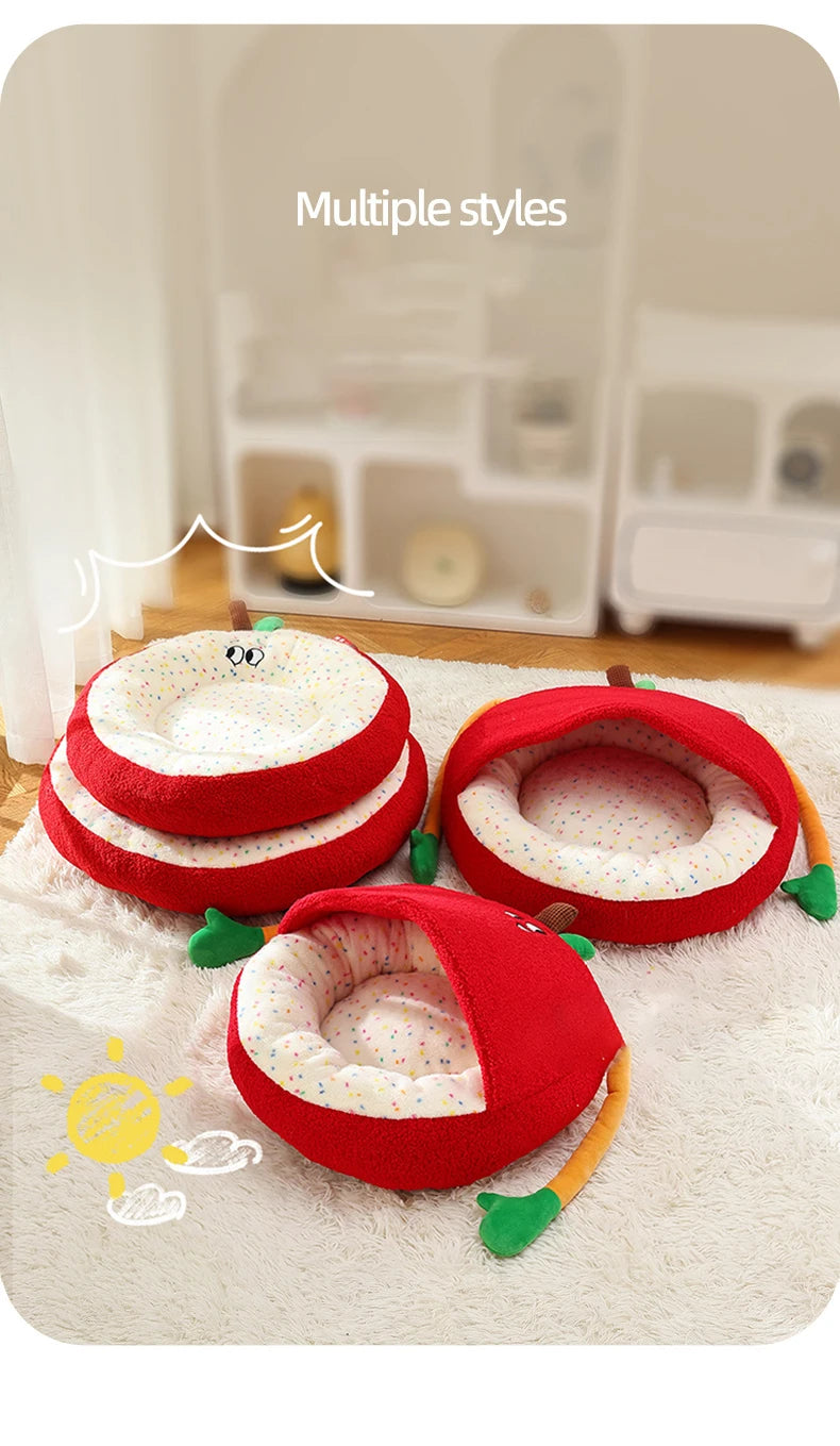 Luxurious Semi-enclosed Plush Cat House Bed Non-slip Soft Comfortable Winter Warm Pet Beds Christmas New Year Pet Accessories