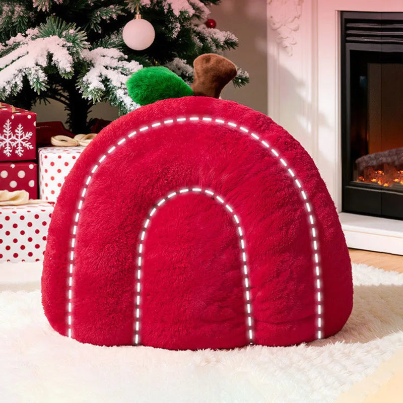 Semi-Enclosed Luxury Red Apple Cat House Large-size Detachable Cushion Warm Sleeping Kitten Cave Bed Christmas Pet Supplies