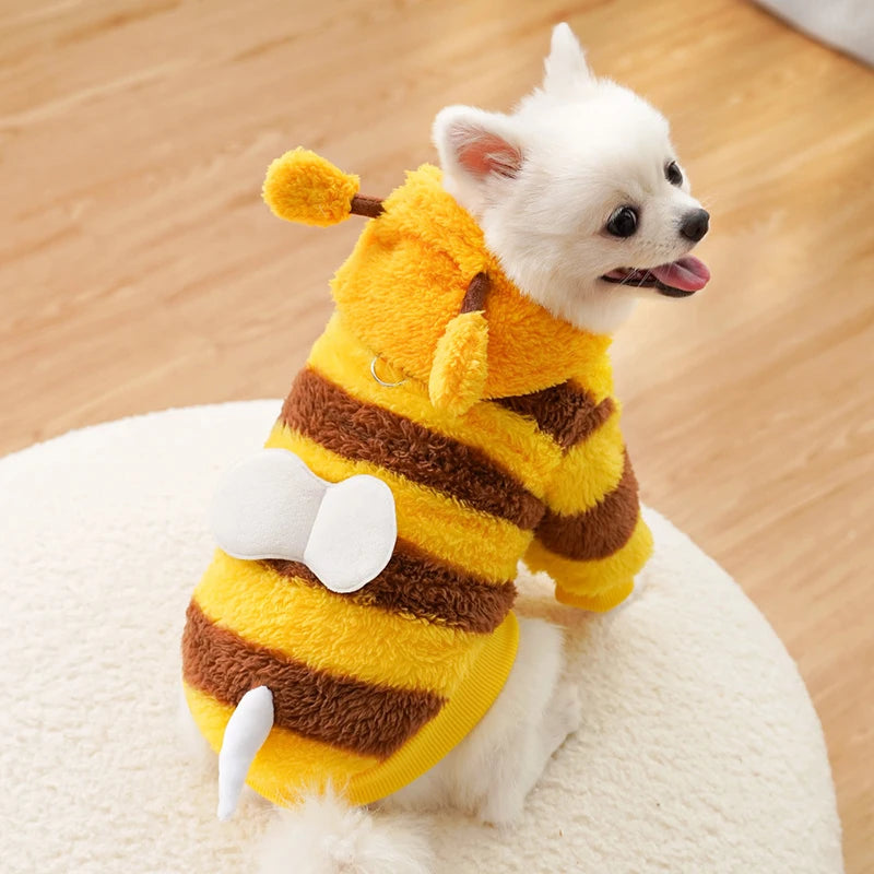 Funny Bee Style Plush Costume for Kitten Puppy Autumn Winter Soft Warm Cat Hoodies with Leash Hook Teddy Small Dog Clothes