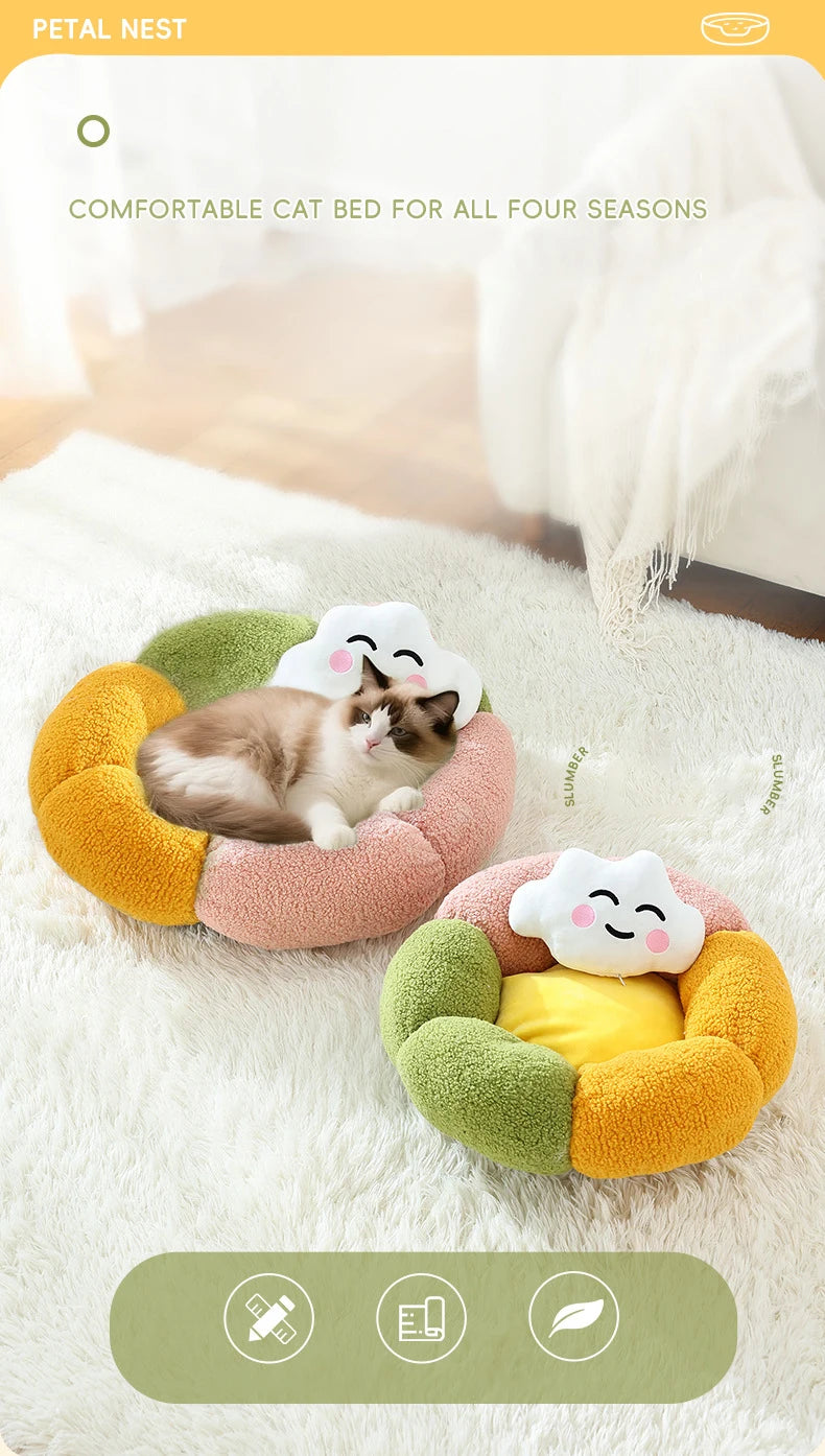 Cute Luxury Flower Cat Bed with Cloud-Shaped Pillow Winter Breathable Warm Ultra Soft Plush House Puppy Beds Cat Houses Indoor