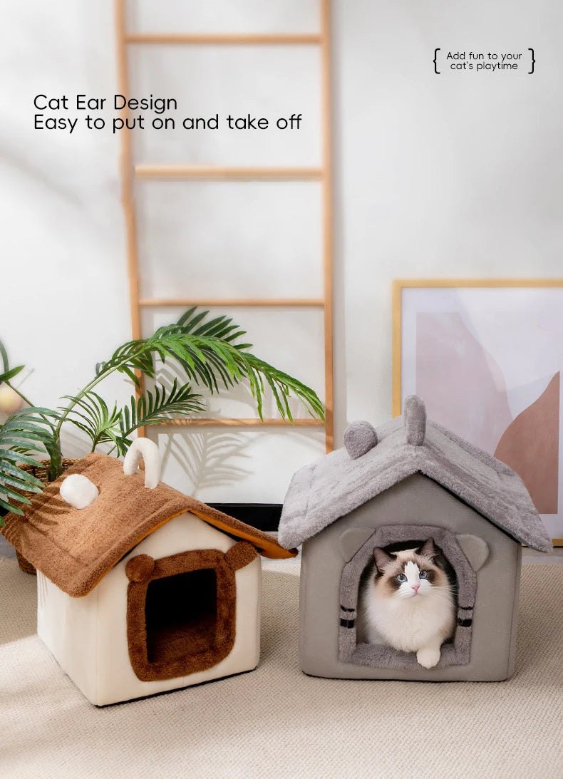 Thickened Foldable Enclosed Pet House for Puppy Cats Detachable Washable Indoor Comfortable Warm Plush Cat Nest Cama Para Gatos
