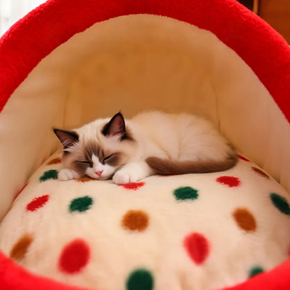 Christmas Portable Luxury Pet Bed Handheld Semi-Closed Dot Design Warm Plush Cat House with Removable Pad Accesorios Para Gatos