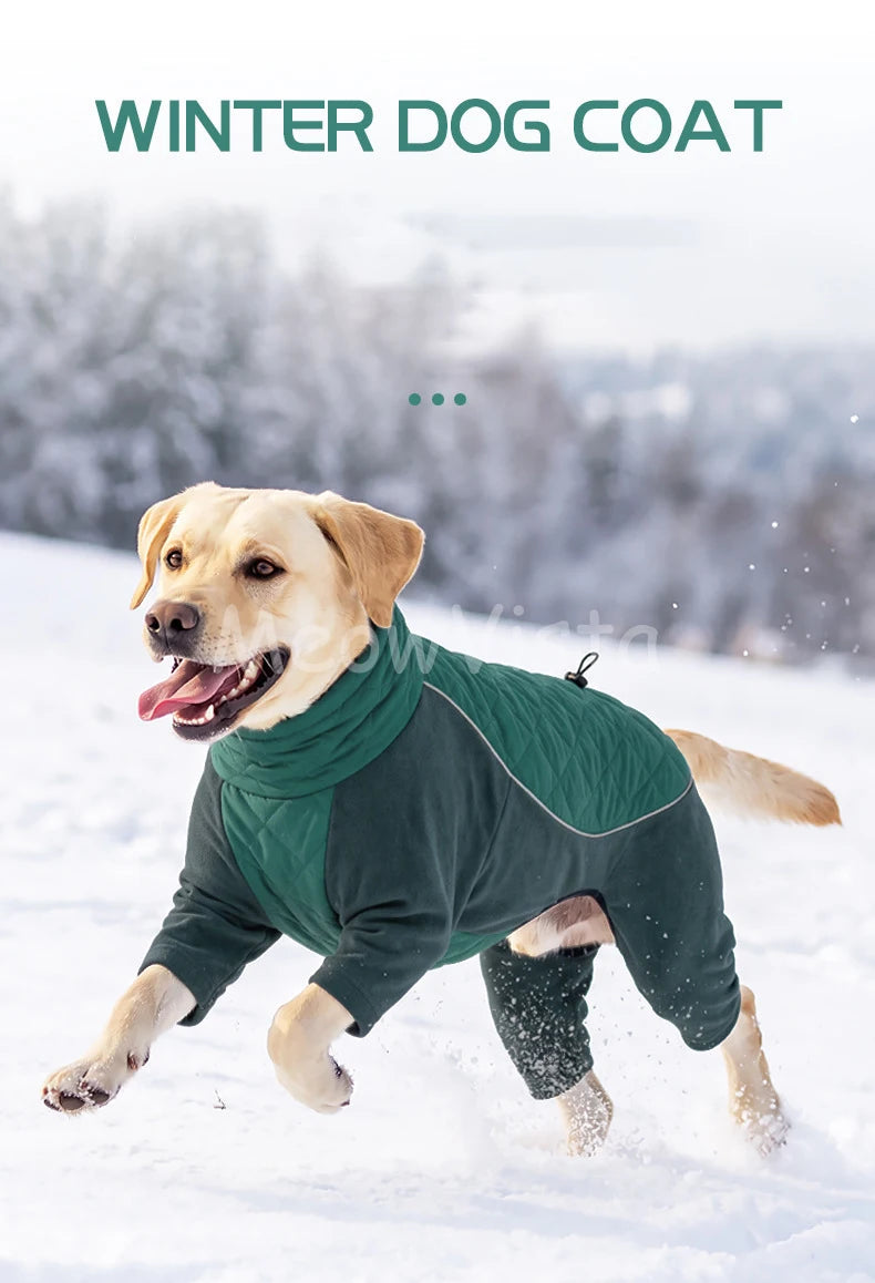 Winter Full Coverage Warm Dog Jumpsuit Reflective High Collar Quilted Padded Color‑Blocked Outdoor Outfit for Medium Large Dogs